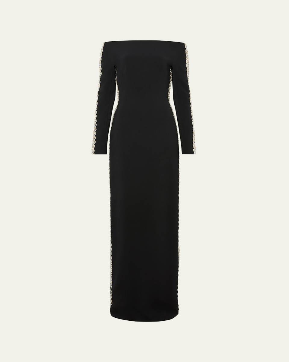 Charisma Crystal Off-The-Shoulder Long-Sleeve Gown